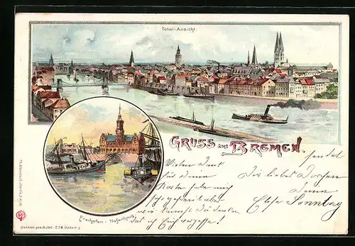 Lithographie Bremen, Totalansicht, Freihafen mit Hafenhaus