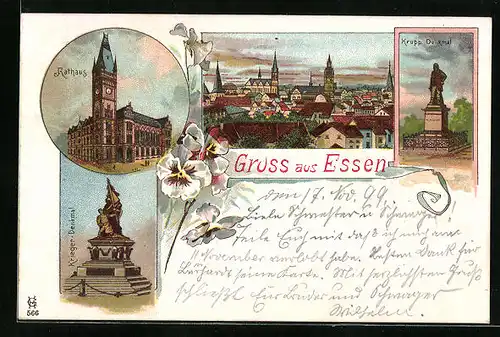 Lithographie Essen, Rathaus, Krupp Denkmal, Krieger-Denkmal