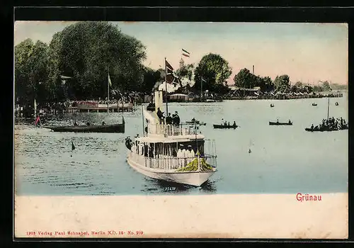 AK Berlin-Grünau, Dampferanlegestelle mit abfahrendem Dampfer