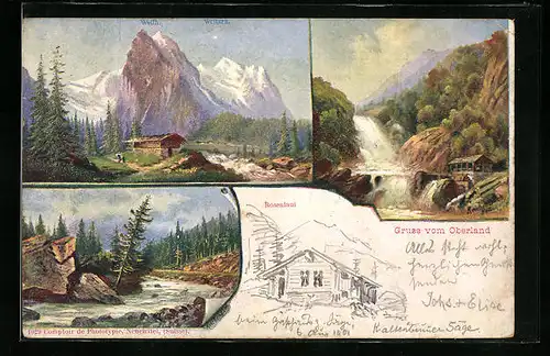 AK Rosenlaui, Berghütte, Wasserfall, Flusspartie