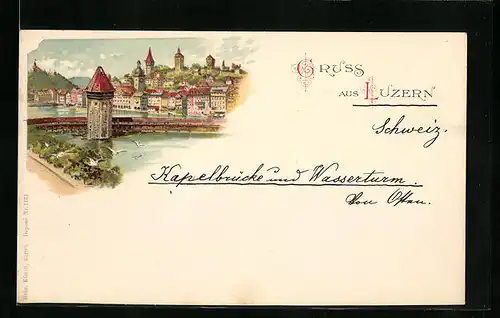 Lithographie Luzern, Teilansicht mit Turm im Wasser