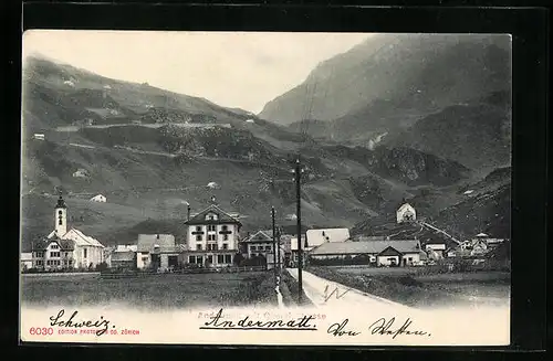 AK Andermatt, Ortspanorama vor Bergen