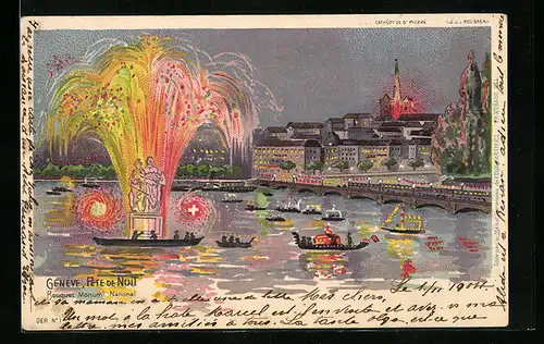 Lithographie Genève, Fete-de-Nuit, Bouquet Monument National