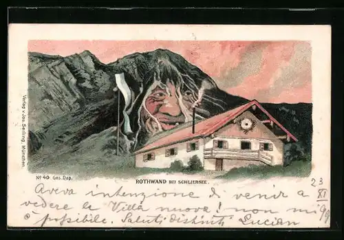 Lithographie Seiling Nr. 49: Rothwand bei Schliersee, Berg mit Gesicht / Berggesichter