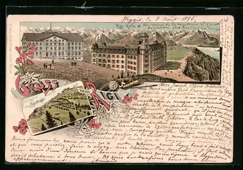 Vorläufer-Lithographie Rigi, 1895, Hotel Rigi-Kulm mit Rigi Staffel