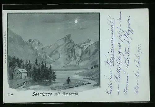 Mondschein-Lithographie Seealpsee, Ortsansicht mit Rosszahn, Berg mit Gesicht / Berggesichter