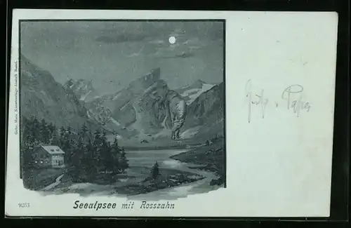 Mondschein-Lithographie Seealpsee, Ortsansicht mit Rosszahn, Berg mit Gesicht / Berggesichter