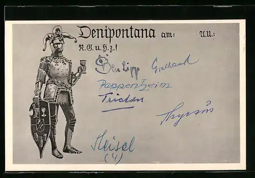 AK Innsbruck, Denipontana, Prunkvolle Ritterrüstung mit Narrenkappe der studentischen Szene