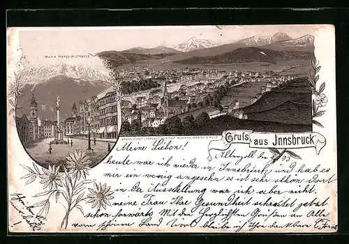 Vorläufer-Lithographie Innsbruck, 1893, Maria-Theresienstrasse, Gesamtansicht aus der Vogelschau