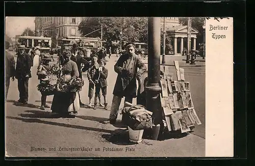 AK Berlin, Blumen- und Zeitungsverkäufer am Potsdamer Platz