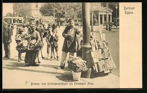 AK Berlin, Blumen- und Zeitungsverkäufer am Potsdamer Platz