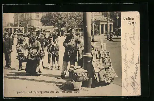 AK Berlin, Blumen- und Zeitungsverkäufer am Potsdamer Platz