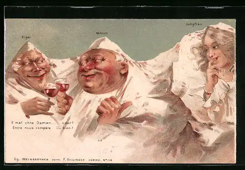 Künstler-AK Killinger Nr. 114: Eiger, Mönch und Jungfrau beim Weintrinken, Berg mit Gesicht / Berggesichter