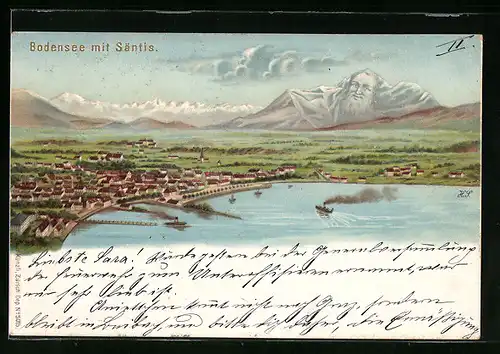 Lithographie Bodensee mit Säntis, Berg mit Gesicht / Berggesichter