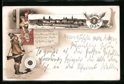 Vorläufer-Lithographie Mainz, 1894, Stadtpanoramam Schützenkönig im Gespräch mit holder Maid
