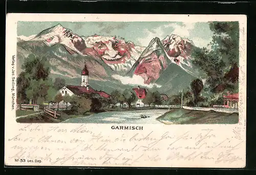 Lithographie Seiling Nr. 53: Garmisch mit Pfarrkirche, Berg mit Gesicht / Berggesichter