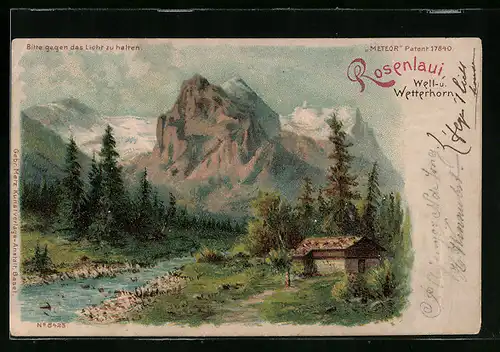 Lithographie Rosenlaui, Ortspartie mit Blick zum Well- und Wetterhorn, Halt gegen das Licht: Regenbogen