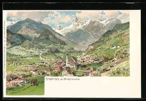 Künstler-AK Edward Theodore Compton: Schruns im Montavon, Gesamtansicht aus der Vogelschau