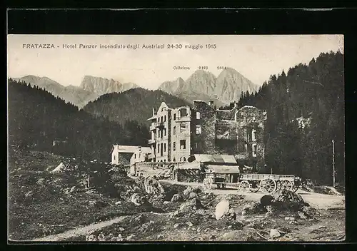 AK Fratazza, Hotel Panzer incendiato dagli Austriaci 24-30 maggio 1915, Brand