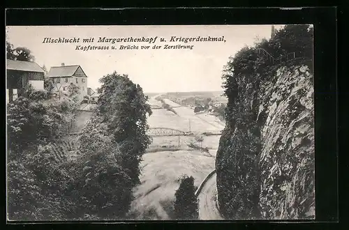 AK Feldkirch, Illschlucht mit Margarethenkapf und Kriegerdenkmal, Hochwasser 1910