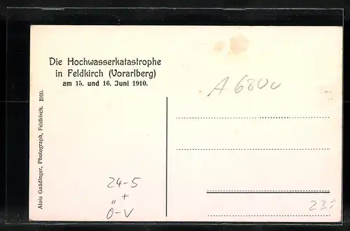 AK Feldkirch, Illschlucht mit Margarethenkapf und Kriegerdenkmal, Hochwasser 1910