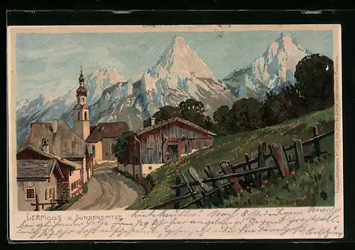 Künstler-AK Zeno Diemer: Lermoos, Ortsansicht mit Sonnenspitze