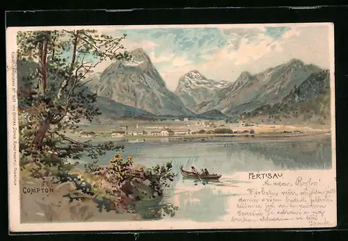 Künstler-AK Edward Theodore Compton: Pertisau, Ortsansicht mit Bootspartie