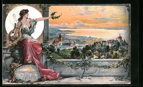 Künstler-AK Bregenz, Vorarlberger Sängerfest 1907, Ortsansicht, Mythologische Figur mit Lyra