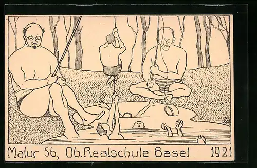Künstler-AK Basel, Matur 5b der Oberrealschule 1921 - Lehrer angeln ertrinkende Schüler