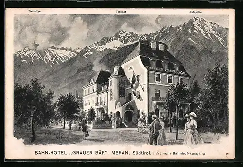 Künstler-AK F.A.C.M. Reisch: Meran, Bahn-Hotel Grauer Bär mit Strasse und Passanten