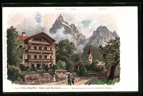 Künstler-AK F.A.C.M. Reisch: Seis am Schlern, Villa Heufler mit Blick auf Kirche und Bergspitzen
