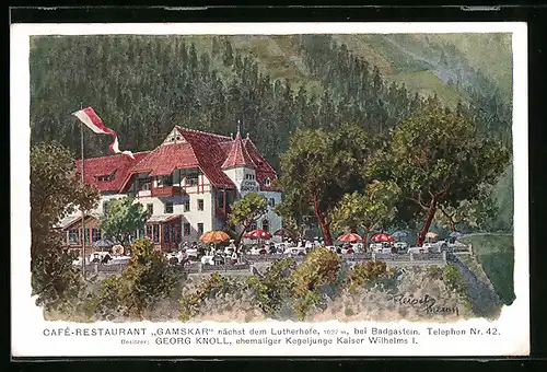 Künstler-AK F.A.C.M. Reisch: Badgastein, Cafe-Restaurant Gamskar mit Terrasse