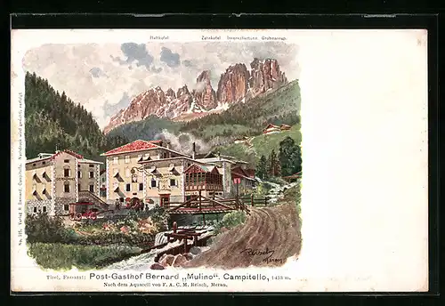 Künstler-AK F.A.C.M. Reisch: Campitello, Post-Gasthof Berard Mulino mit Fluss und Bergspitzen