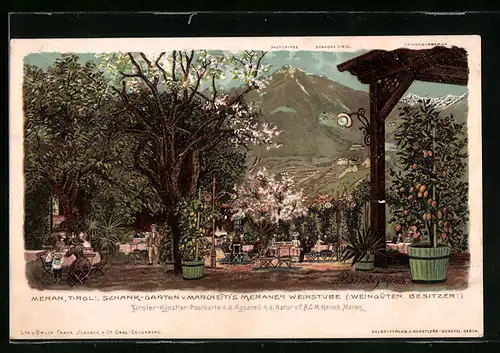 Künstler-AK F.A.C.M. Reisch: Meran, Schank-Gartenlokal Meraner Weinstube mit Blick auf Mutspitze