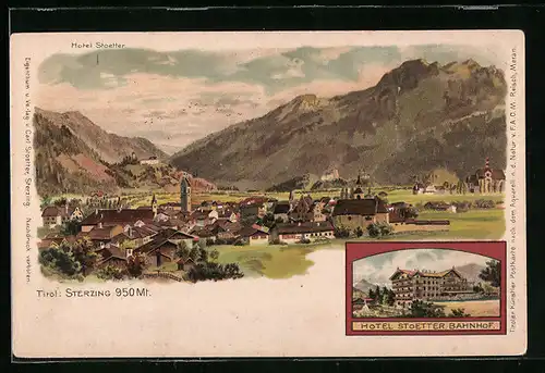 Künstler-AK F.A.C.M. Reisch: Sterzing, Ortsansicht, Hotel Stoetter am Bahnhof