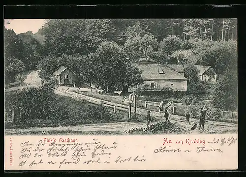 AK Pressbaum-Au am Kraking, Finks Gasthaus und Strasse aus der Vogelschau