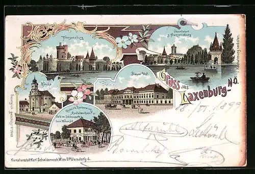 Lithographie Laxenburg, Franzensburg, Gasthaus Radfahrerheim und Cafe im Schlosspark, Kirche