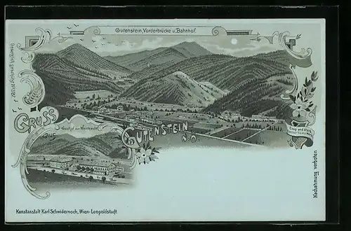 Mondschein-Lithographie Gutenstein, Ortsansicht mit Vorderbrücke und Bahnhof, Gasthof zur Weintraube
