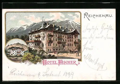Passepartout-Lithographie Reichenau, Hotel Fischer mit Vorplatz und Bergkette