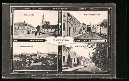 Passepartout-AK Gr.-Siegharts, Gesamtansicht, Hauptplatz, Karlsteinerstrasse und Bahnstrasse