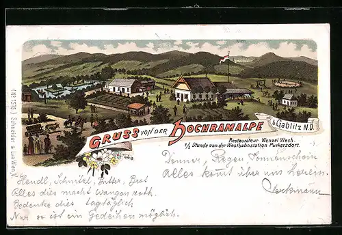 Lithographie Grablitz, Gasthaus Hochramalpe mit Umgebung aus der Vogelschau