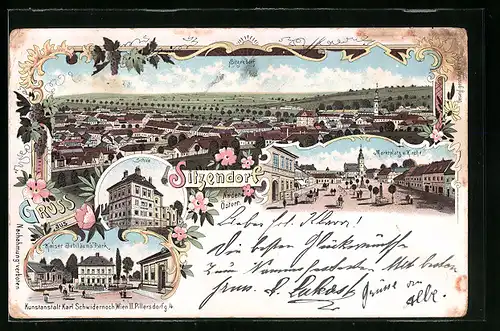 Lithographie Sitzendorf, Totalansicht, Schule, Marienplatz und Kirche