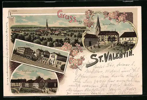 Lithographie St. Valentin, Ortsansicht, Kirche & Platz, Bahnhof, Bahnhofstrasse