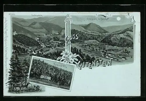 Mondschein-Lithographie Gutenstein, Ortsansicht mit Bahnhof, Reimund-Villa