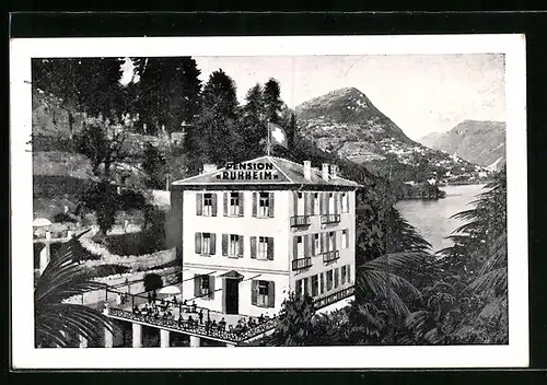 AK Lugano, Pension Ruhheim mit Terrasse und Seeblick aus der Vogelschau