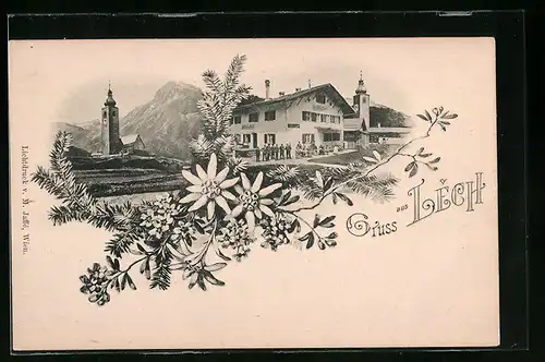 AK Lech, Gasthof, Blick zur Kirche