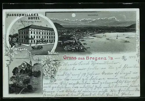 Mondschein-Lithographie Bregenz a. B., Hotel zum weissen Kreuz, Totalansicht, St. Gebhardskapelle