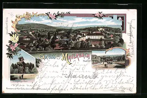 Lithographie Mauerbach, Hauptstrasse, Tulbingerkogel-Warte