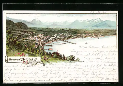 Lithographie Bregenz a. B., Panorama mit Bergen