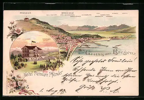 Lithographie Bregenz, Ortsansicht mit Hotel Pension Pfänder